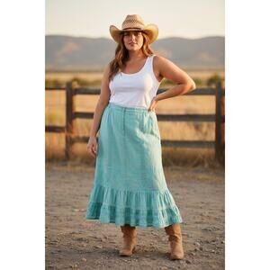 Soft Teal Blue Green Sz 14 Skirt Long Ruffle Eyelet Linen Boho Rodeo Western